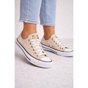 Converse All Star Low Top Beige Canvas Sneakers Gold Eyelets Lace Up Casual...